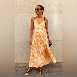 H&M Peach Floral Pattern Maxi Sundress with Draping Layers- Deep V back- Size S